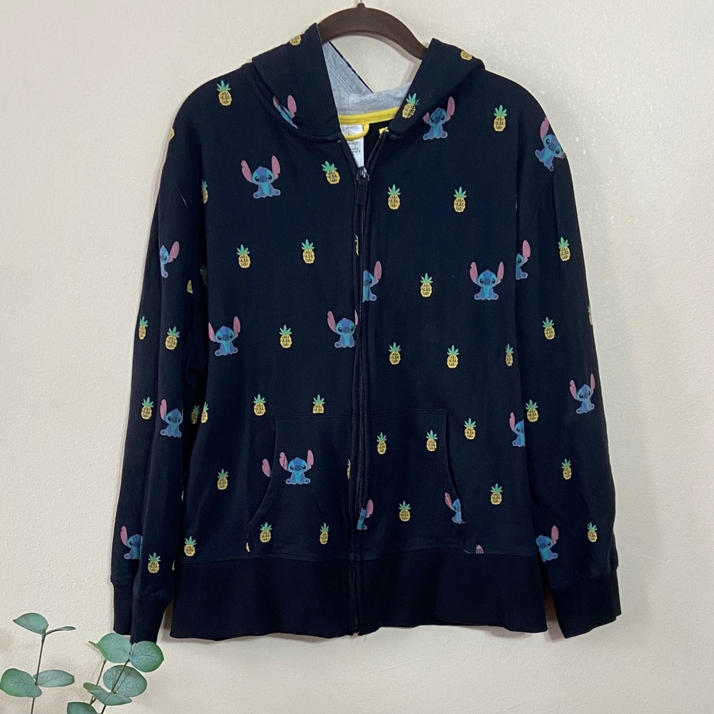 Long Sleeve Black Zip UP Hoodie Disney Lilo & Stitch Women XL Casual Sweatshirt